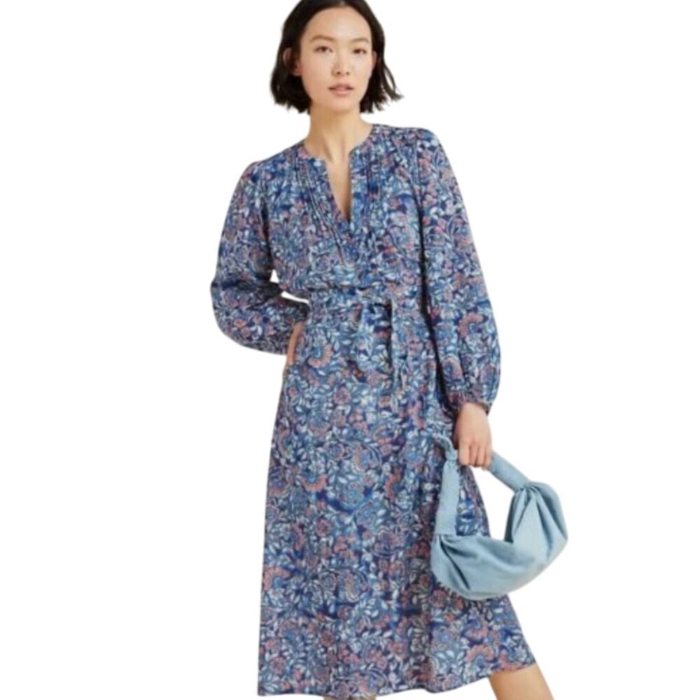 Velvet Graham & Spencer Beau Midi Dress Womens Small Blue Long Sleeve V-Neck
